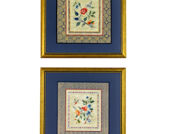 Chinese Silk Embroidery Panel Framed | Pair Set 2 | Wall Art Burl Frame | Vintage Chinoiserie  Oriental Butterflies Floral Handmade Chinese