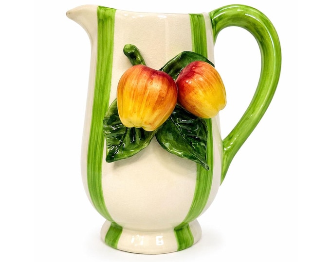 Majolica Pottery Pitcher Hand Painted Raised Apple Fruit Made in Italy L'artigiana Vintage Vase Kitchen Replacement China Deruta Italian