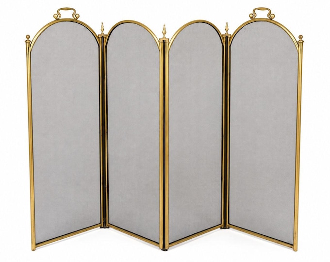 Fireplace Screen 4 Panel Folding Brass Plated Top Black Mesh Gold Trim Ball Finials Handles Fold Screen Hearth Accessory Fire Place Screen