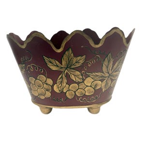Cache Pot French Tole Toleware | Vintage Red Gold Footed Metal Planter Jardiniere | Hand Painted Grapes Grand Millennial Home Decor Decorat