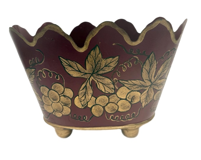 Cache Pot French Tole Toleware | Vintage Red Gold Footed Metal Planter Jardiniere | Hand Painted Grapes Grand Millennial Home Decor Decorat