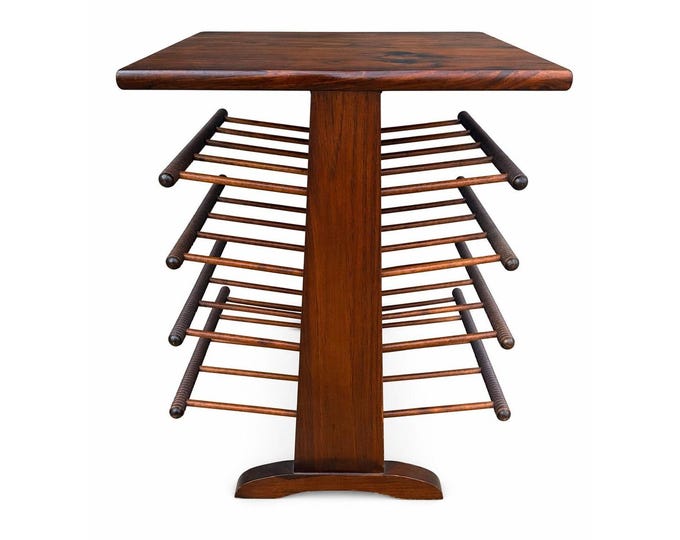 Side Table Magazine Rack Wood Tiered Record Holder Turned Spindle Vintage Handmade Bucciarelli Mid Century Modern Pine Josef Frank Style