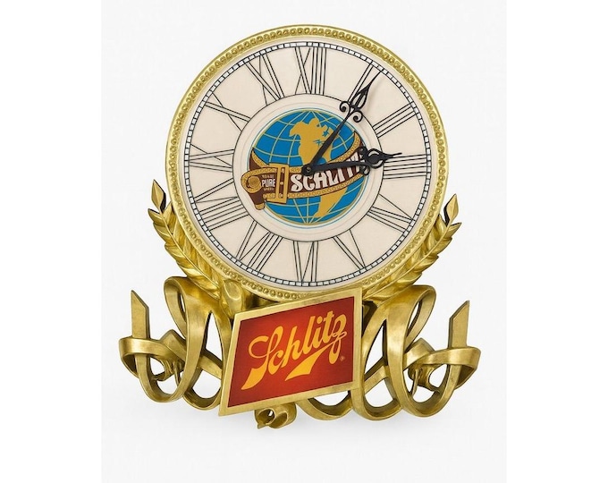 Wall Mounted Clock Schlitz Beer 1977Gold Display Sign Back Lit Vintage Retro Bar Man Cave Decor Light World Globe Electric Collectible