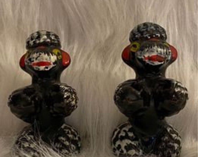 Vintage | Mid Century | Porcelain |  Redware Japan | Black white spots Poodle Figurines Pair | Hand painted | Dogs | Begging Poodle