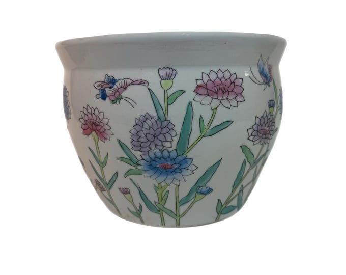 Hand Painted Porcelain Jardiniere Cachepot  - Vintage Chinese Koi Floral Pastel Painted Indoor Planter Pot - Flowers Flower Butterflies