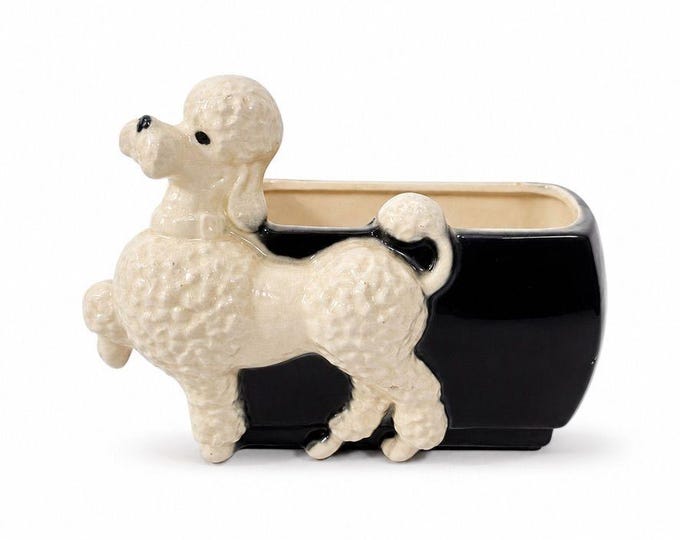 Flower Planter Poodle Royal Copley Prancing Walking Black White Hand Painted Mid Century Kitshcy Vintage Home Decor Decorative Accents