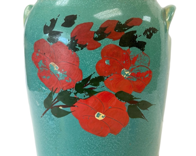 Vintage Kitchen Turquoise Painted Flowers Stoneware Lidded Crock Cookie Jar |  Farmhouse Grandma Cottage Core | Hand Painted | Blue Glaze