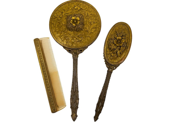 Vanity Set Globe 24K Gold Plated Hollywood Regency Boudoir Vintage | Mirror Comb Brush Set 3 Floral Motif Rococo Style Art Nouveau