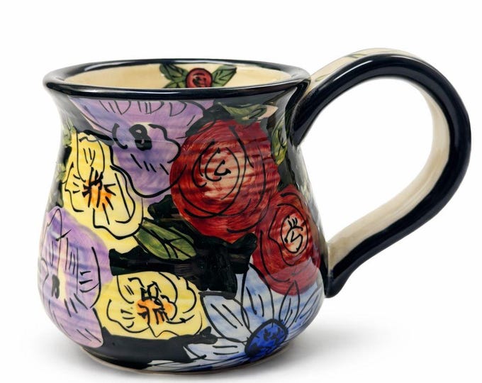 Coffee Mug Cup Blue Sky Clayworks Heather Goldminc Signed Hand Painted Vintage Flowers Gift Mothers Day