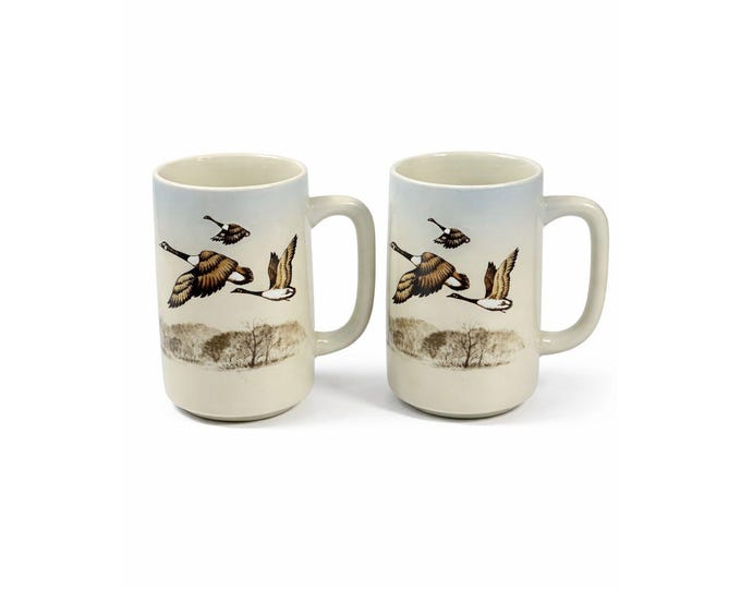Pottery Coffee Mugs Cups Otagiri Hand Painted Flying Duck Canadian Geese Bird Japan Hunting Lodge Man Cave Vintage Big Handle Pair Set 2