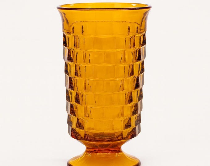 Cooler Water Ice Tea Drinking Glass | Indiana Glassware Amber orange Whitehall Cubist Pattern 14 oz. | Drinkware Barware Mid Century Vintage
