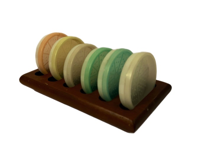 Drink Coasters | Tupperware Pastel Wagon Handmade Wooden Tray 1970 Era Rainbow Colors, 567, vintage Kitschy Cottage Granny Core Kitchenware