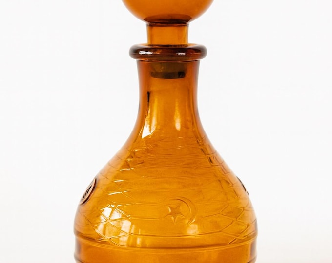 Hand Blown Amber Genie Decanter Glass bottle |  Owens Illinois Moon & star design | Stopper Bagdad Moon Star USA Nautical or Beehive