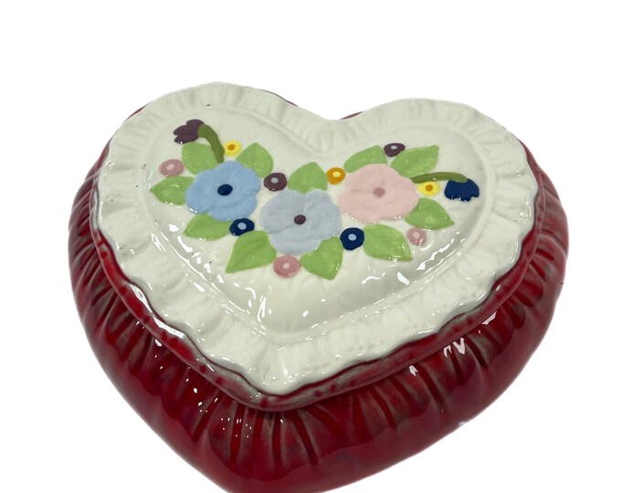 Vintage | Ceramic Mold | Hand painted | Valentines Day | Heart Trinket Dish | Flowers | Pink Red | Blue Green | Lidded Pillow Style