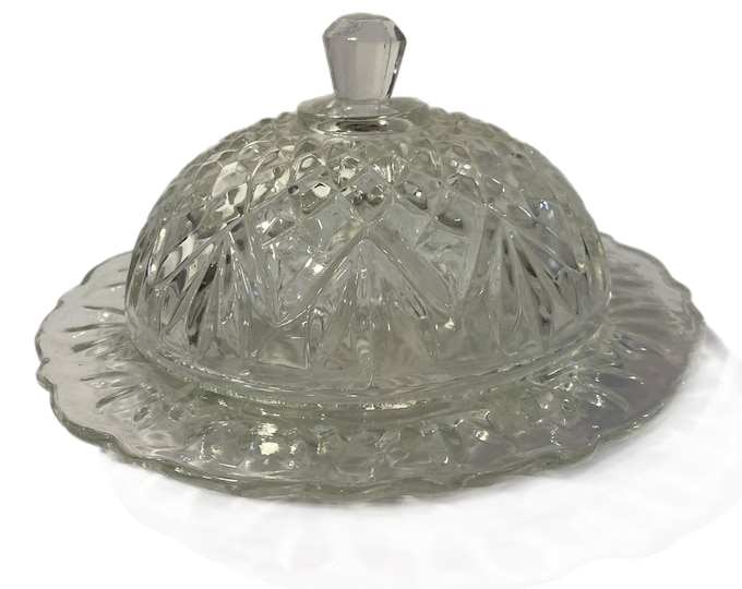Elegant | Anhor Hocking | Vintage Round Clear Cut Glass Covered Cheese or Butter Dish | Domed