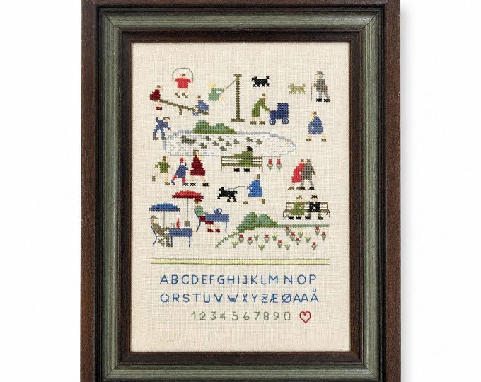 Cross Stitch Sampler on Linen People in Park Handmade Gallery Wall Shelf Table Home Decor Alphabet Scandanavian Vintage Hand Stitched