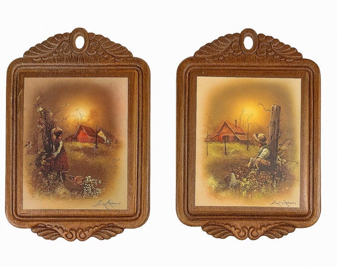 Wood Plaques Prints Andres Orpinas | Country Children Boy Girl Barn | Farmhouse Country Primitive Cottage Granny Grandma Core | Pair Set 2