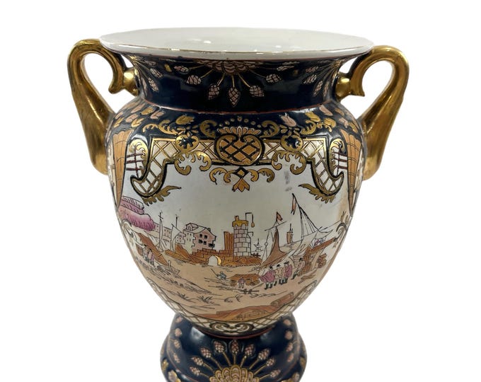 Vintage Chinoiserie Andrea by Sadek Oriental Moriage Satsuma Porcelain Amphora Vase | Gold Handles | Village Coastal Boats | Blue Gold Cream