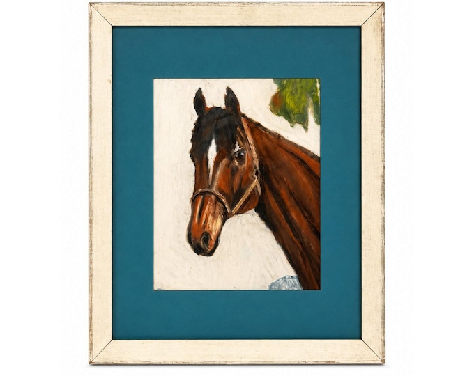 Pastel Painting Horse Brown White Blaze with halter Equine Framed Art Vintage Hand Painted Vintage Home Wall Decor Decorative Accents Farm