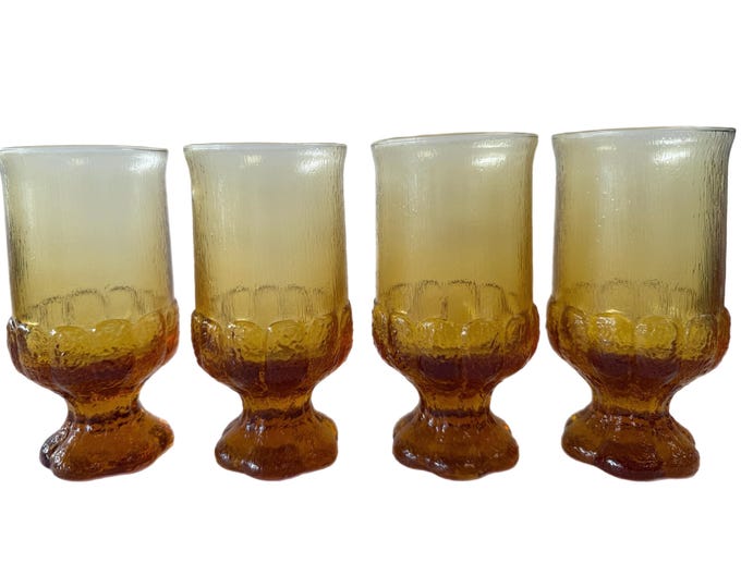 Vintage Mid Century MCM | Set 4 |  Tree Bark Water Goblets | Footed Glasses | Art Glass | similar to Franciscan Madeira Pumpkin Orange