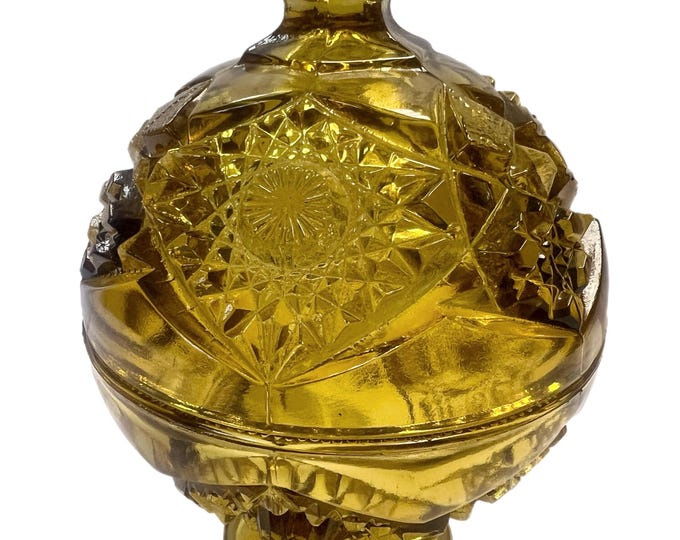 Vintage Amber Glass Kemple Wheaton Hobstar & Fan Compote Candy Dish w/ Lid | Collectible  Pressed Glass  | Retro Mid Century | Home Decor