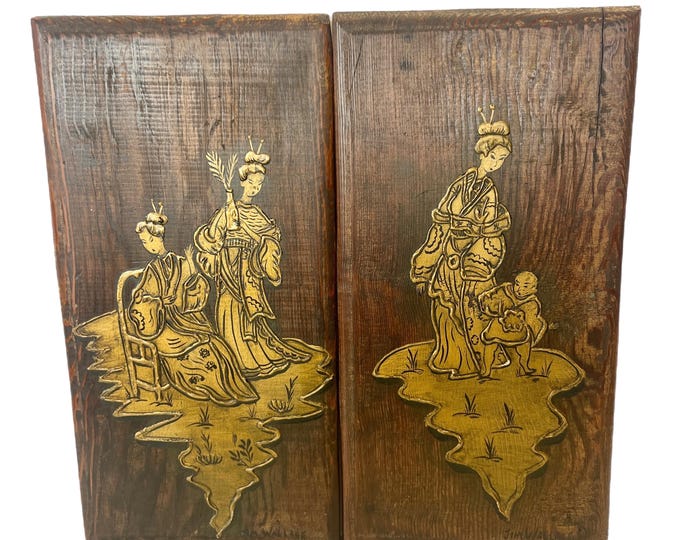 Pair | Wall Decor Art | Gold Painted on Wood | Chinoiserie Asian Women | Signed Artist Jim Wallace | Gold Gilded | Wall Decor | Oriental
