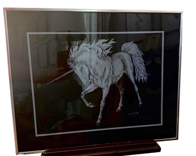 Vintage | HW Hoag Unicorn Horse Black & White Framed Art Print | Art Deco Figi Gift ware lithograph | Wall Decor | Mid Century Retro Boho