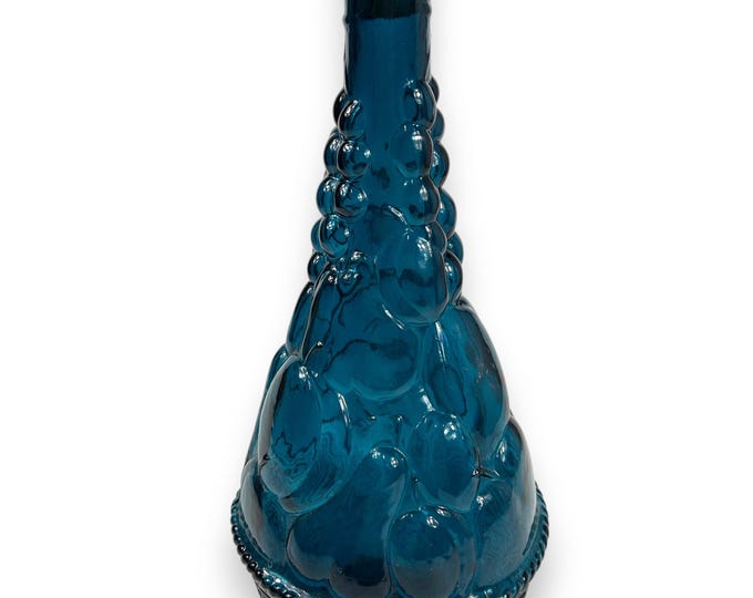 Empoli Glass Genie Decanter Bottle Cork Stopper | Teal Blue Fruit Pattern with Basket | Mid Century MCM Retro Vintage Collector Glassware