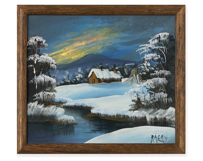 Oil Painting Framed | Winter Scene Cabin Woods River Snow Hand Painted Wall Art Decor