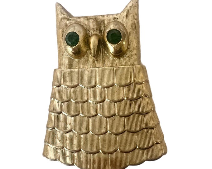 Vintage | Jewelry Brooch Beautiful Signed Avon Owl Perfume Sachet | Green Rhinestone eyes gold Tone Pin | Mid Century Retro Kitschy