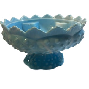 Vintage Fenton Blue White Slag Glass Hobnail Candle Holder Bowl Patent Pending