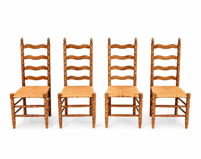 Ladderback Dining Kitchen Chairs Set 4 Woven Rush Seats Wooden Vintage Farmhouse Primitive Country