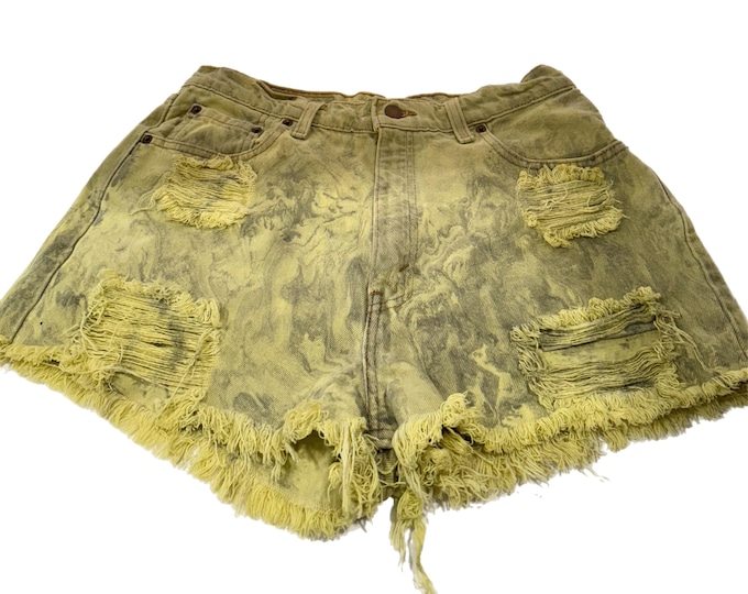 Levis Denim Cutoff Y2k Distressed Levi 560 Cut Off Jean Shorts High Rise Ripped Cut Offs Neon Green Yellow Frayed Retro Shorts Vintage 12 R
