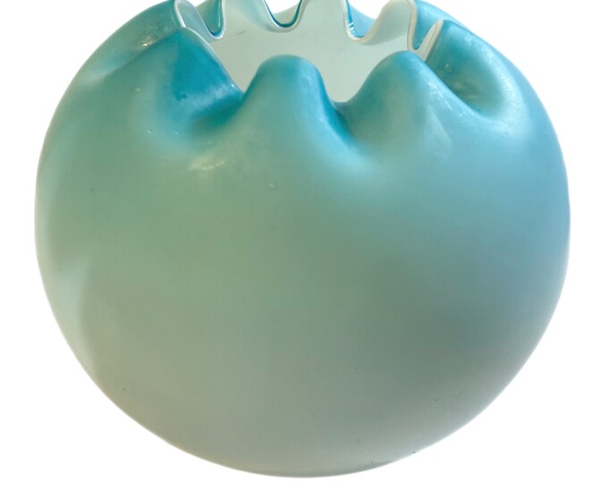Mid Century Fenton Turquoise Satin Rose Bowl, Pinched Ruffled Top Bowl, Fenton Collectibles