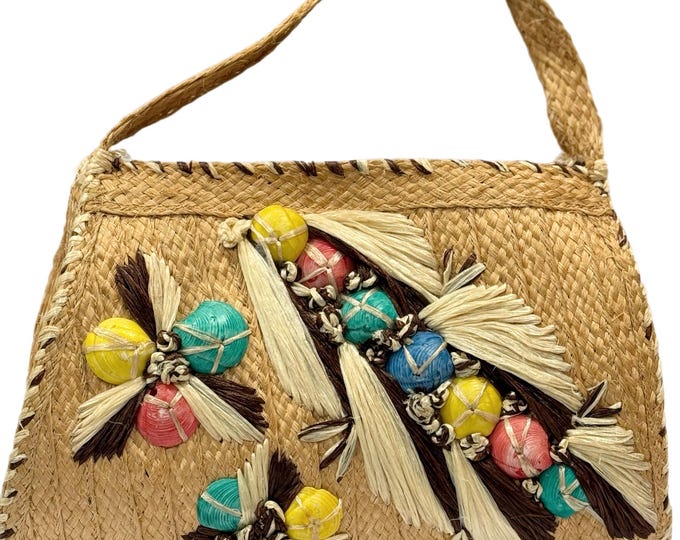 Vintage 70s Straw Raffia Embroidered Floral Handbag | Seashell Red Blue Yellow Teal and Brown Raffia Embroidered Floral | Pool Beach Summer