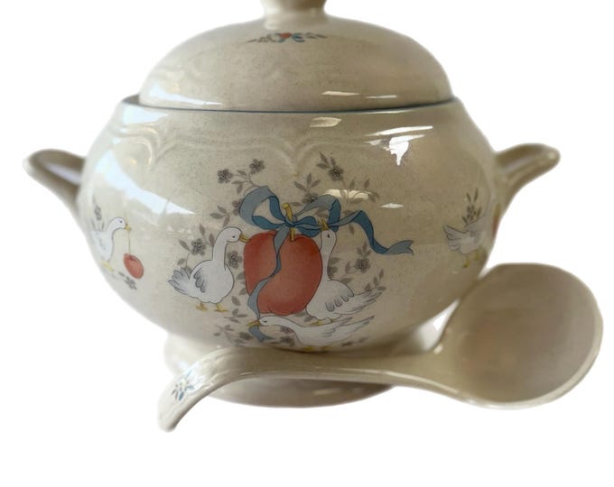 Soup Tureen Ladle | Marmalade International Stoneware | Vintage Goose Geese |  Core Granny Core Farmhouse Primitive | Blue