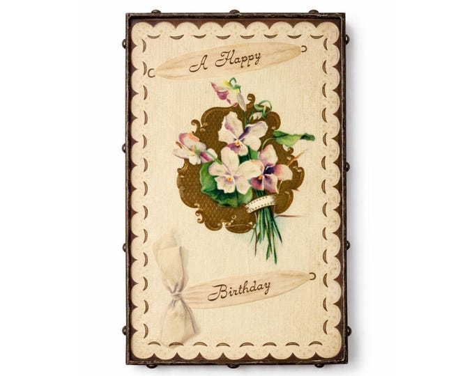 Framed Post Card Happy Birthday Postcard Ephemera Hand soldered Double Sided Frame Violets Flowers Sentimental Printed Germany Antique