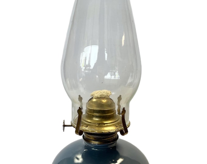 Vintage Oil Kerosene Lamp Clear Glass Chimney Blue Glass Base | Country Goose Pattern Stands 14 1/2" Uses Paraffin or Lamp Oil | Granny Core
