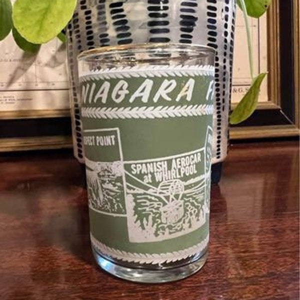 Vintage Niagara Falls Travel Souvenir Glass Gold Rim Frosted Wedgewood Green by Federal Glass
