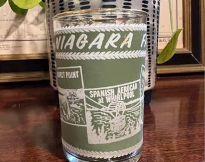 Vintage Niagara Falls Travel Souvenir Glass Gold Rim Frosted Wedgewood Green by Federal Glass