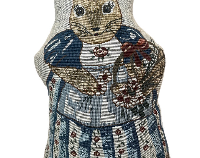 Vintage | Tapestry Pillow Door Stopper |Bunny Rabbit Weighted Flowers Blue