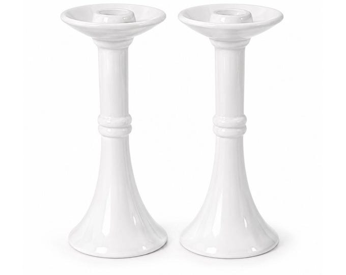 Pair Pottery Candlesticks Haegar #3266 Pilllar Candle Holder Stamped White Fluted Mid Century Vintage