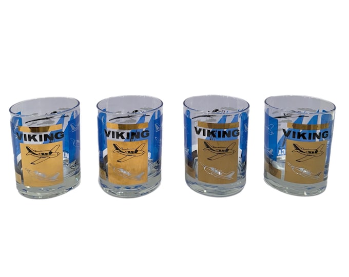 Vintage | Set 4 | Viking Bellanca | Airplane Airlines | Drinkware Barware Low Ball Glasses | Plane Enthusiast | Gifts For Him | Memorabilia