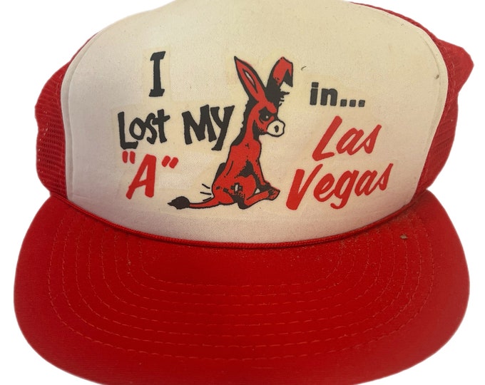 Vintage  Retro Trucker Hat | Lost My A in Vegas | Donkey Motif | Red Snapback Mesh Cap | Screen printed | Funny Humor | Travel Souvenir