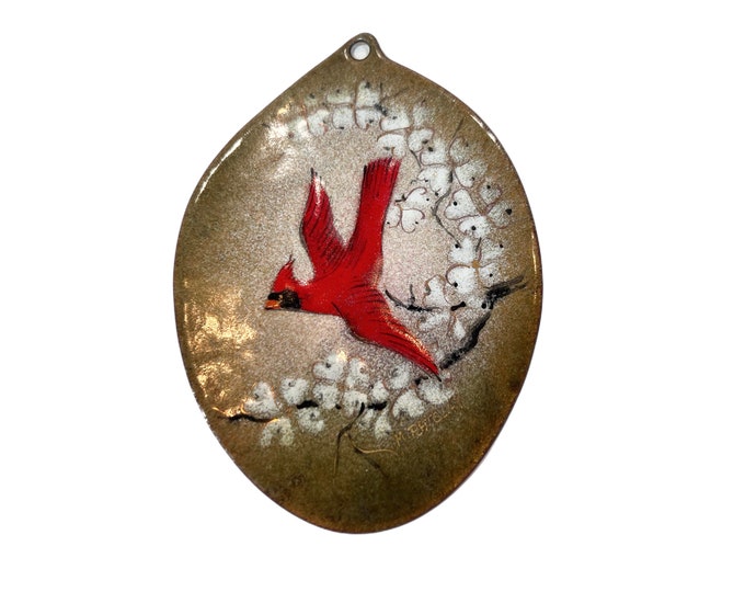 M Ratcliff Hand Painted Enamel On Copper Ornament  Cardinal Bird | Dogwoods | Signed