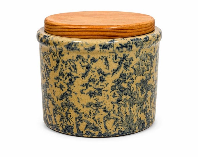Pottery Crock Low Pint Robinson Ransbottom Co. Blue Spongeware Wood Lid Vintage Hand Painted Kitchenware Farmhouse Primitive Country Granny