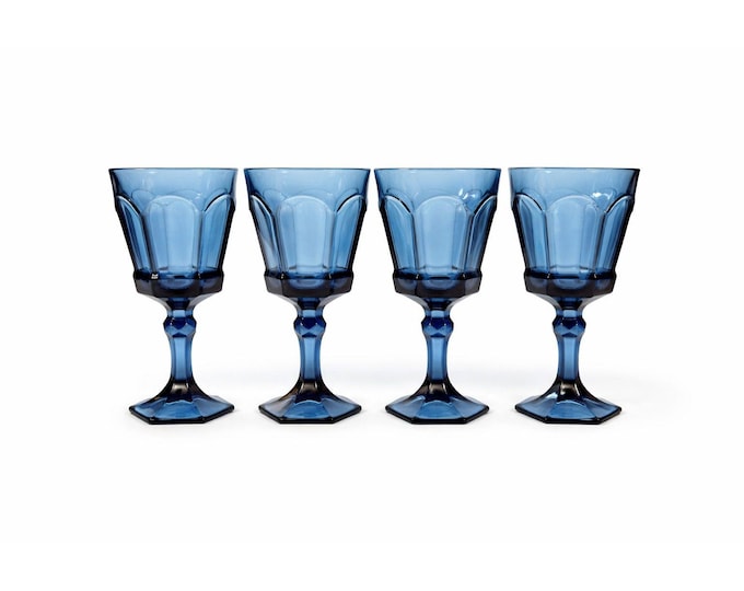 Water Glass Goblet Drinking Set 4 Stemmed Footed Vintage Fostoria Virginia Dark Blue Replacement Glassware Barware Drinkware