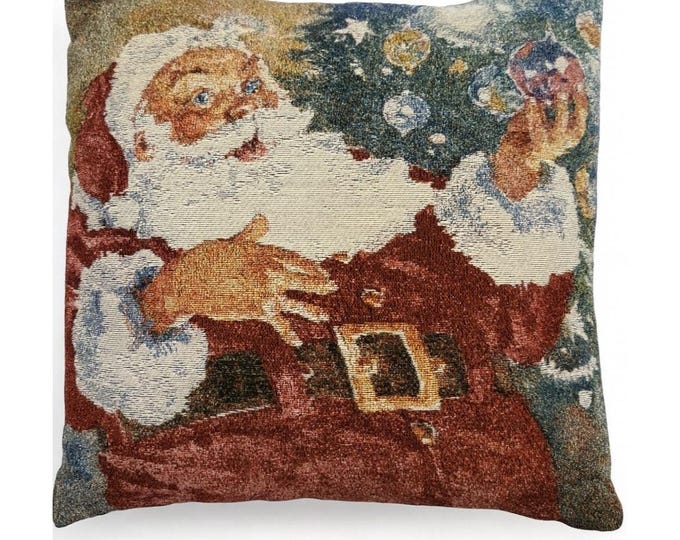 Throw Pillow Christmas Tapestry Victorian Jolly Santa Tree Ornaments | Mohawk Home Holiday Seasonal Decor Decorative Accents Blue Back