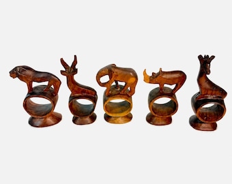 Napkin Rings Hand Carved Wood Safari Animal Set of 5 Made in Kenya Rosewood