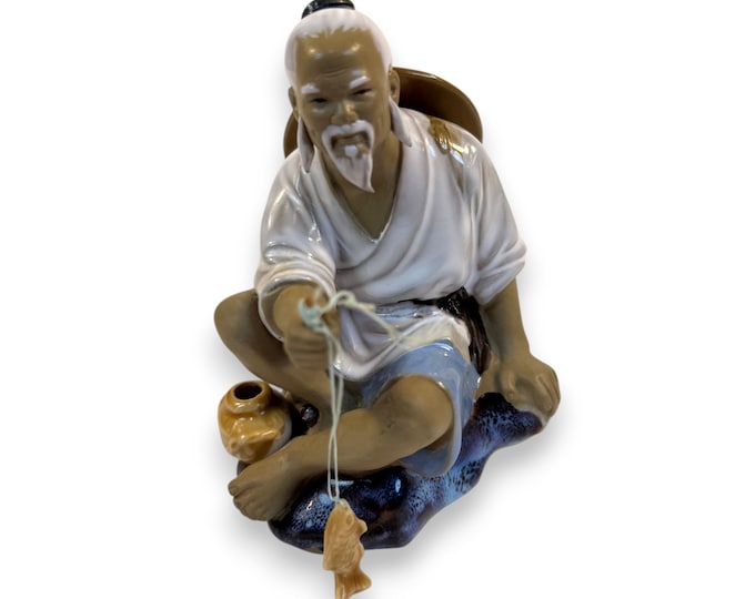 Mudman Figurine Statue | Vintage Chinese Shiwan Glazed Mud man Pottery Scholar Fish |  Asian Collectible Home Decor Decorative Accent